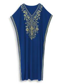 Royal Blue Embroidered Dubai Style Casual Short Sleeve Robe For Women - Royal Blue - View 4
