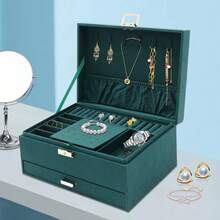 Organizador de joyas exclusivo con 3 cajones de terciopelo y 6 ganchos, estuche de diseño verde esmeralda de 24 x 17 x 11 cm, hecho a mano en madera con superficie antiarañazos, para joyero y almacenamiento de joyas. - Verde - Ver 8