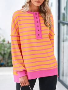 Womens Fall Striped Oversized Sweatshirt Long Sleeve Button Up Henley Neck Waffle Knit Pullover Tunic Tops - Bún vàng - Xem 7