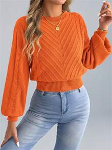 Women's Round Neck Solid Color Waist Cinched Casual Long Sleeve Pullover Sweater, Autumn/Winter