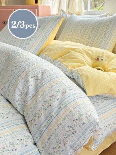 2/3pcs Floral & Plant Print Ruched Soft Bedding Set, Light Blue & Light Yellow, Sweet & Cute Student Style, Suitable For Twin, Full, Queen Size Beds, Spring/Summer