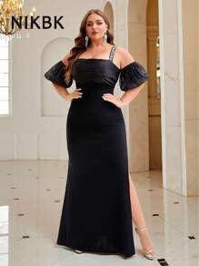 NIKBK 加大码黑色紧身长裙 - 露肩透视泡泡袖，水钻装饰肩带，缎面褶饰紧身胸衣，高腰侧开衩，及地下摆 | 优雅正式礼服，适合黑色领带晚会、舞会、婚宴和精致晚会场合 - 黑色 - 查看 2