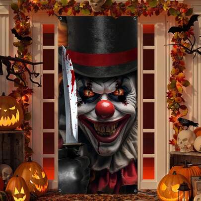 1pc-Horror Halloween Door Curtain - Terrifying Clown Face Jump Scare Design With Bloody Smile & Evil Eyes, Thick Polyester Fabric For Haunted House, Window, Porch, Indoor Outdoor Party Decoration