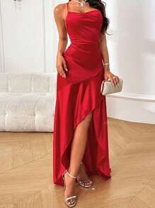 Vestido con cuello cuadrado, volante y lazo en la espalda con volante en el bajo para mujer, otoño