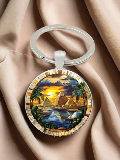 1 Stück ägyptische Pyramide Sonnenuntergang Muster Schlüsselanhänger, Taschenanhänger, Auto-Anhänger, Heimdekoration, Jahrestag, Urlaubsgeschenk, Halloween, Weihnachten, Thanksgiving Geschenk für Freunde und Familie Schlüsselbänder mit ID-Halter Autoaccessoires Taschenanhänger