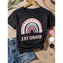 Girls' Cotton Crew Neck T-Shirt - Hello 1st Grade Rainbow Graphic, Loose Fit Breathable Soft Comfortable, White Black Options, Cute Back To School &Amp;Amp; Mother's Gift, Tshirts For Girls - Black - View 1