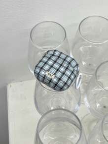 French Retro Style Simple Blue Plaid Dual-Layer Earphone Case + Pendant Set, Compatible With Apple Pro 3/Pro 2/Pro/ 4/3/2 Case, Fashionable Women Earphone Case, Minimalist Earphone Case - Blue - View 3