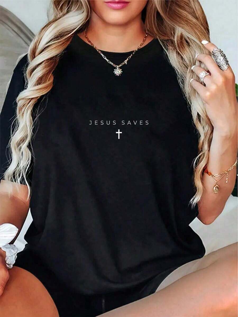 Jesus Saves" Cross Graphic Tee - 100% Cotton, Casual Crew Neck T-Shirt For Women, Machine Washable - 黑色 - 查看 1