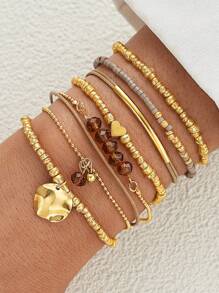 5pcs/Set Fashionable & Versatile Rice Pearl Bead Round Pendant Stacked Bracelets, Suitable For Women Summer Beach Vacation Daily Accessories