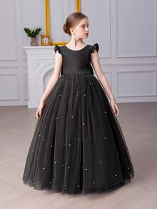 Tween Girl Black Mesh Handmade Beaded Bow Party Dress, Elegant Princess Dress Suitable For Girls Birthday Party, Banquet, Prom, Masquerade Ball, Flower Girl, Holiday Celebration - Black - View 7