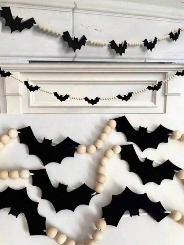 1 pieza Guirnalda de cuentas de fieltro y madera con murciélagos de moda para decoración de Halloween, decoración colgante interior, guirnalda de cuentas de madera con murciélagos para chimenea, adecuada para decoración de pared del hogar, granja u oficina