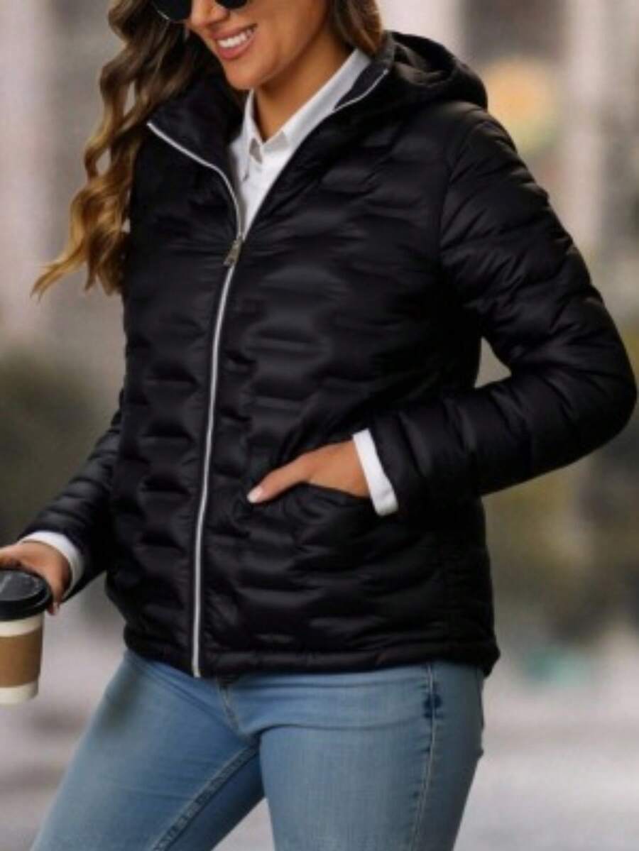 Chamarra Chaqueta Cazadora Dama Peluche Interno Gorro Desmontable Rib en Costados Vanguardia para uso Diario Formal e Informal Moda - Negro - Ver 1