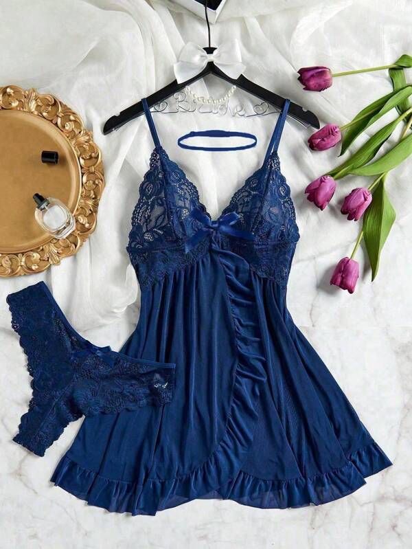 Conjunto de 3 piezas de ropa interior sexy para mujer con escote profundo en V, encaje con diseño de loto, apto para dormitorio, baño, fiestas y eventos con ropa interior sexy universal