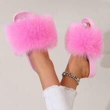 Women's Faux Fur Slides, Open Toe Cute Fur Slippers, Indoor Or Outdoor Comfortable Furry Slide Summer Sandals -Pink - Hồng - Xem 2