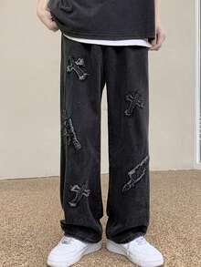 Pantalones vaqueros holgados para hombre con bordado de relámpago y patrón de cruz desgastado. - Negro - Ver 3