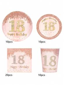 10 Stücke 18. Geburtstag Dekorationen für Prinzessin, Rosegold Geburtstags Party Dekorationen und Zubehör, inklusive Pappteller, Becher, Servietten, "Happy 18 Years" Geburtstags Party Geschirr Set für 18. Geburtstags Party Gastgeschenke