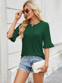YESFASHION Womens 3/4 Length Sleeve Tops Loose Fit Casual Crew Neck Pleated Shirts Ruffle Tunic Blouses Dark Green - 墨綠色 - 查看 3