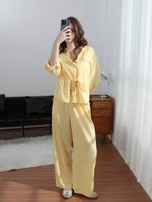 Bộ đồ thời trang nữ mới, áo kiểu voan hồng có eo điều chỉnh được, kết hợp với quần ống rộng voan. - Màu vàng - Xem 3