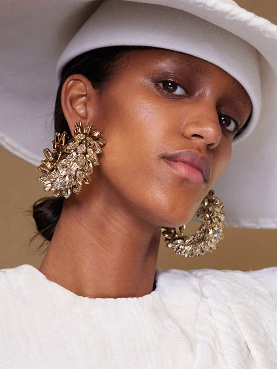 2pcs Fashionable Exaggerated Geometric Hoop Earrings, Rhinestone Decorated Earrings For Women, Stylish Runway Accessories