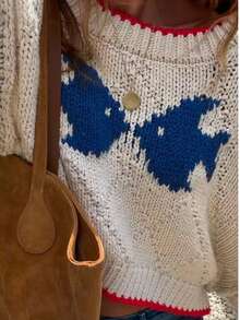 2025 Herbst/Winter Neue Mode Retro Farbblock Jacquard Design Oversized Loose Strick Grafik Pullover Damen, Tierprint Basic Tops, Ausgeh Tops, Herbst Damen Kleidung, Modest Damen, Party Damen, Y2K Damen, Tops für Ausgehen, Konzert Damen, Date Night Damen