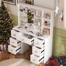 Makeup Dressing Table Set With Mirror &Push-To-Open Door 7 Drawers Vanity Desk - White - View 4