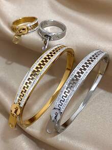 Stainless Steel Zipper Bracelet & Ring Set, Women - Luxury Geometric Pattern Jewelry, Adjustable Layered Boho Style, Mother's Day Gift, Essential For Summer Beach Party, Travel & Graduation, Teacher's Day Gift - Multicolor - View 5