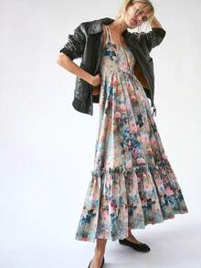 Women Slip Dress Sleeveless Floral Pleated Swing Dress Summer Long Vacation Dress - Blue - View 1