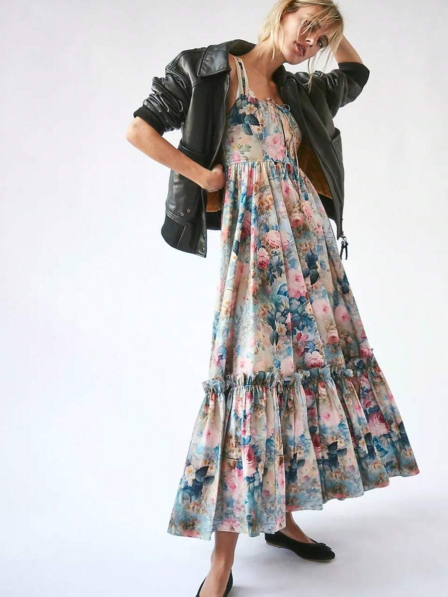 Women Slip Dress Sleeveless Floral Pleated Swing Dress Summer Long Vacation Dress - Blue - View 1