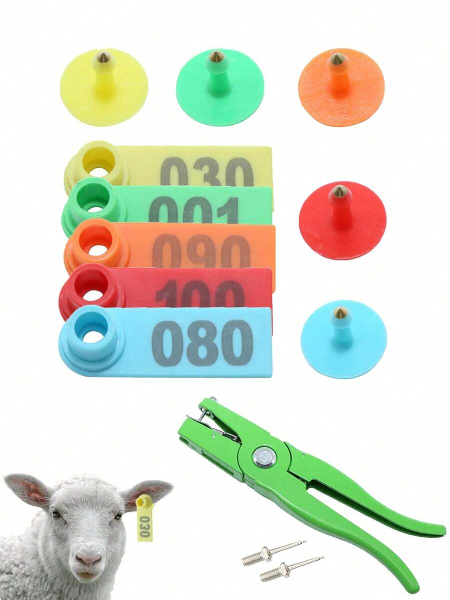 Goat Ear Tags Sheep Ear Tag Signs With Numbers 001-100 For Farm Animals Marker Supplies Livestock Ear Tag Pliers Applicator Control Device Metal Ear Thorn Tongs - Multicolor - View 1