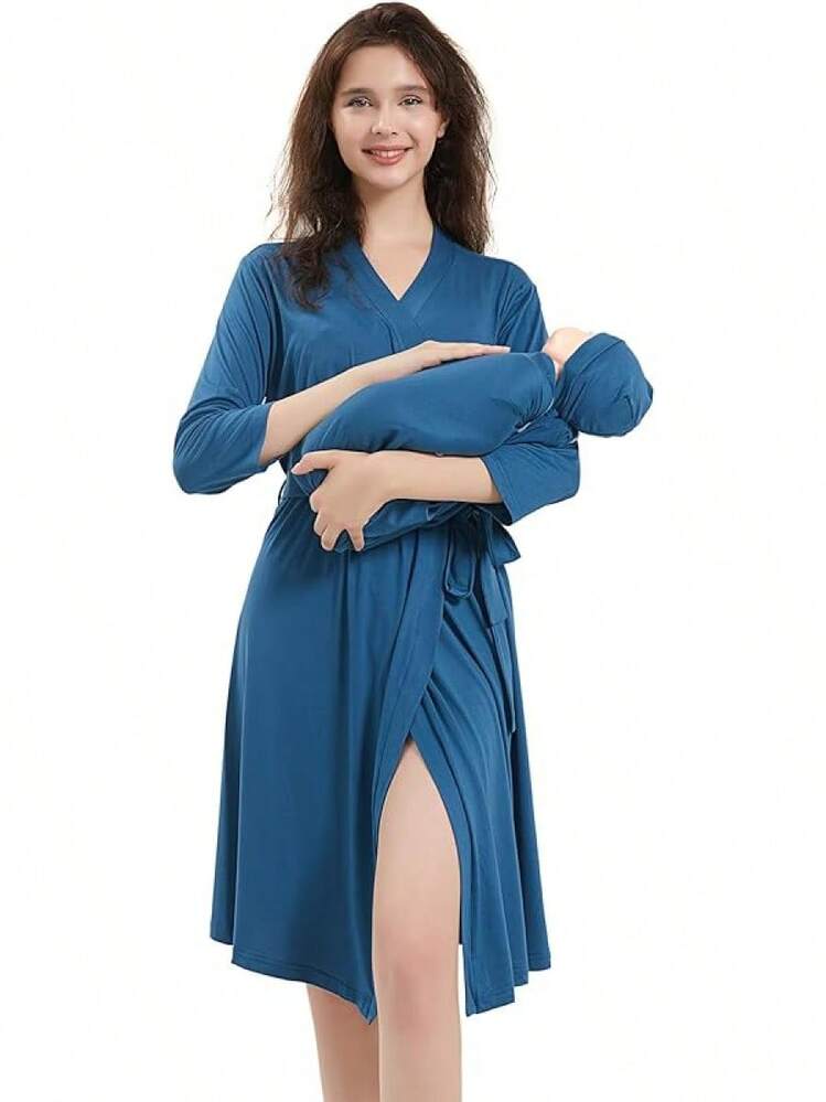 Maternity Robe And Baby Receiving Blanket Set For Labor And Delivery - Ocean - View 1