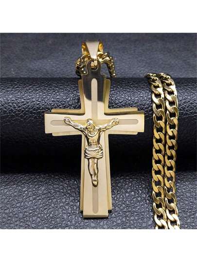 Collier croix de Jésus Chaîne en acier inoxydable pour femmes Collier croix argent pour hommes Collier religieux Cruz Collier unisexe Accessoires mode couples Cadeau