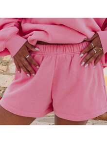 Women Athletic Shorts Loose Fit Solid Color Drawstring Sweatshorts For Yoga Running - 玫紅色 - 查看 4