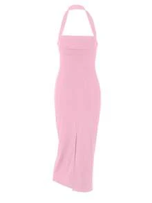 Women Sleeveless Halter Midi Dress Bodycon Sexy Elegant Party Dress, For Cocktail - Pink - View 7