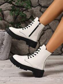 Women's Fashion Boots Lace-Up Thick Sole White Glossy PU Leather Ankle Boots Side Zipper Retro Motorcycle Boots