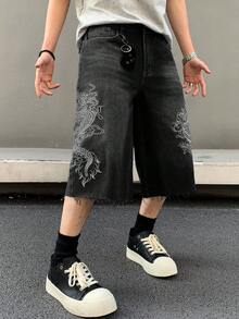 Globe Swift Embroidered Mid-Rise Loose Straight Wide Leg Jeans, Emo Style - Black - View 1