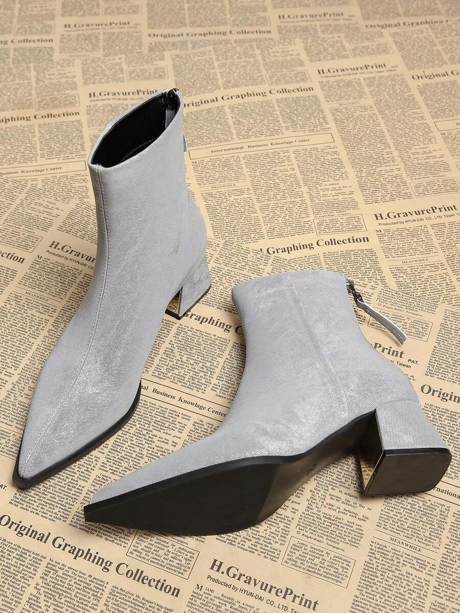 2025 Autumn New Elegant Minimalist Silver Women's Boots, Chunky Heel High Heel Pointed Toe Shoes, Ankle Boots, Versatile Fashion Short Boots For Autumn/Winter