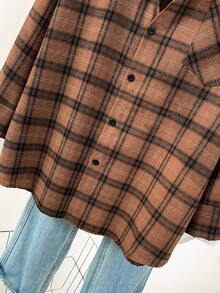 女式拉绒格子前扣口袋休闲衬衫