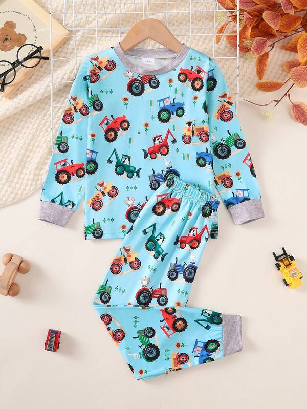 BrownBark Boys 2 Pieces Home Suit Set, Car Printed Round Neck Long Sleeve Top And Printed Pants, Soft Comfortable Polyester, Casual And Comfortable, Ideal Gift For Daily Life