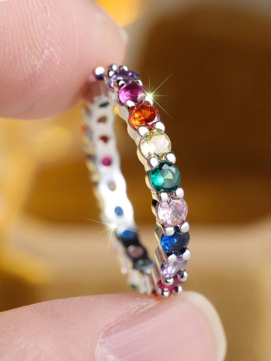 Vanel 1pc Luxury Full Eternity Cubic Zirconia Ring, Jewelry Gift For Girlfriend, Classmate - Silver-multicolor - View 1