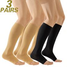 3 Pairs Women Compression Open Toe Socks, Nurse/Doctor Long Sock, Skin Color & Khaki, Simple Leg Socks - Multicolor - View 6