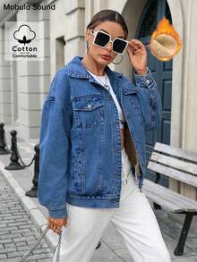 休闲时尚牛仔夹克，保暖内衬，适合日常穿着，秋冬季 - 藏蓝色 - 查看 3