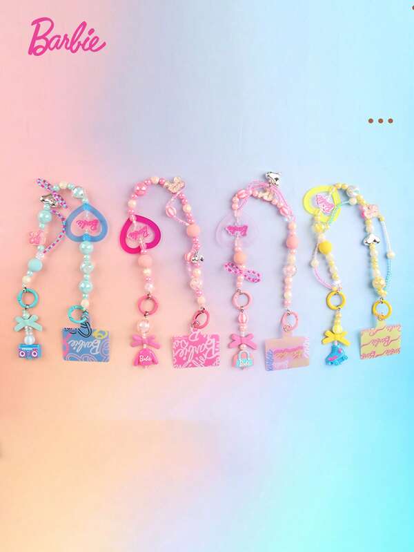 Barbie 1 set Barbie officiellement autorisé DIY Chaîne de perles Dragonne de téléphone portable Style classique et doux Porte-clés en métal Décorations de sac à main Accessoires décoratifs Matériaux faits main Objets de collection Décorations Cadeau d'anniversaire Noël