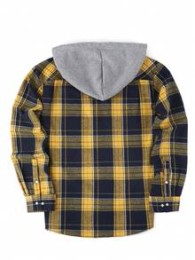 1 件男士格子纽扣连帽常规版型长袖衬衫，带双胸袋，休闲户外衬衫，秋季 - 黃色 - 查看 3