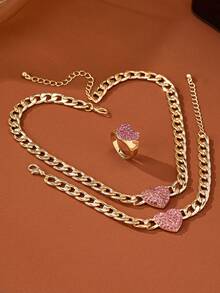 三角形粗链套装，镶嵌水钻心形吊坠的项链、手链和戒指套装，时尚优雅，适合派对、宴会和日常佩戴。 - 金黃色 - 查看 5