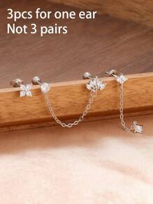 3PCS Stainless Steel Crown Chain Tassel Zirconia Hoop Earrings Flower Ear Stud Set For Women 18K Gold Plated Unique Earrings Cartilage Piercing Jewelry - Four Leaf Clover - View 13