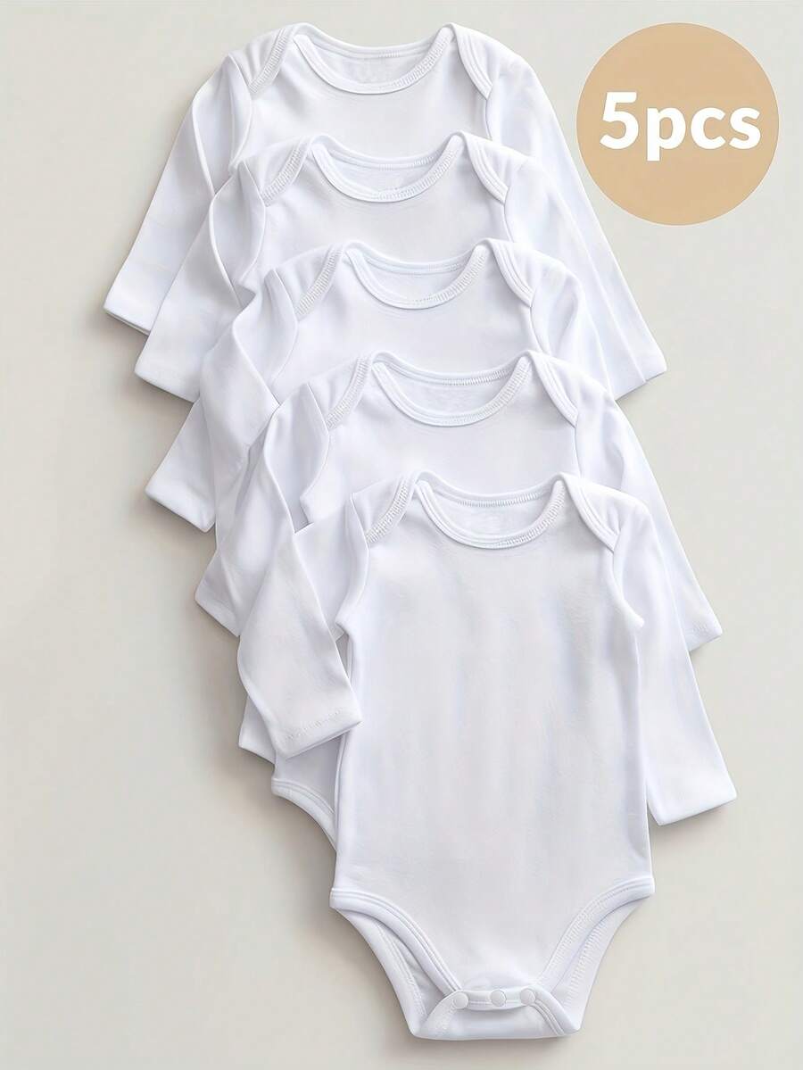 5-Piece White Triangular Jumpsuit - Long-Sleeved Button Design, Suitable For Both Men And Women, All-Season Home Wear, Machine Washable For Daily Wear, Simple And Comfortable Fabric, Essential For Nurseries, Preferred For Outdoor Leisure - 粉色 - 查看 1
