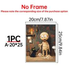 1PC Halloween Cat And Mummy Print, Funny Bathroom Decoration, Scary Halloween Decoration, Cat Lover Halloween Gift, Cat Litter Box Humor, Canvas Wall Art, Posters For Room, Home Decoration, Room Decoration Aesthetic, Room Decoration Stuff. Optional Frame