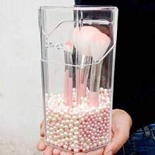 1 件带盖化妆刷架，防尘化妆刷收纳盒，简约塑料方形笔筒和化妆刷收纳桶，透明化妆品收纳，适用于卧室和家居必需品（无珍珠）