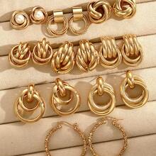 18pcs Fashionable, Minimalist, Elegant, Delicate, Retro Design Layered Pearl Knot, Ribbon, Geometric Criss-Cross, Shimmering C-Shaped Hoop, Chunky Wide Face Stud Earrings Set, Suitable For Holiday, Party, Date, Gift, Daily Wear - Yellow Gold - View 7