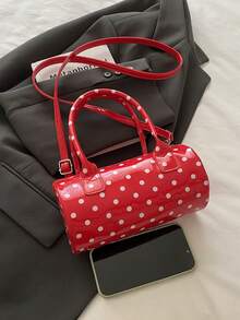 Fashionable Polka Dot Women's Boston Handbag, Stylish & Versatile Cylindrical Tote Bag, Lightweight Women's Shoulder Bag - Red - View 6